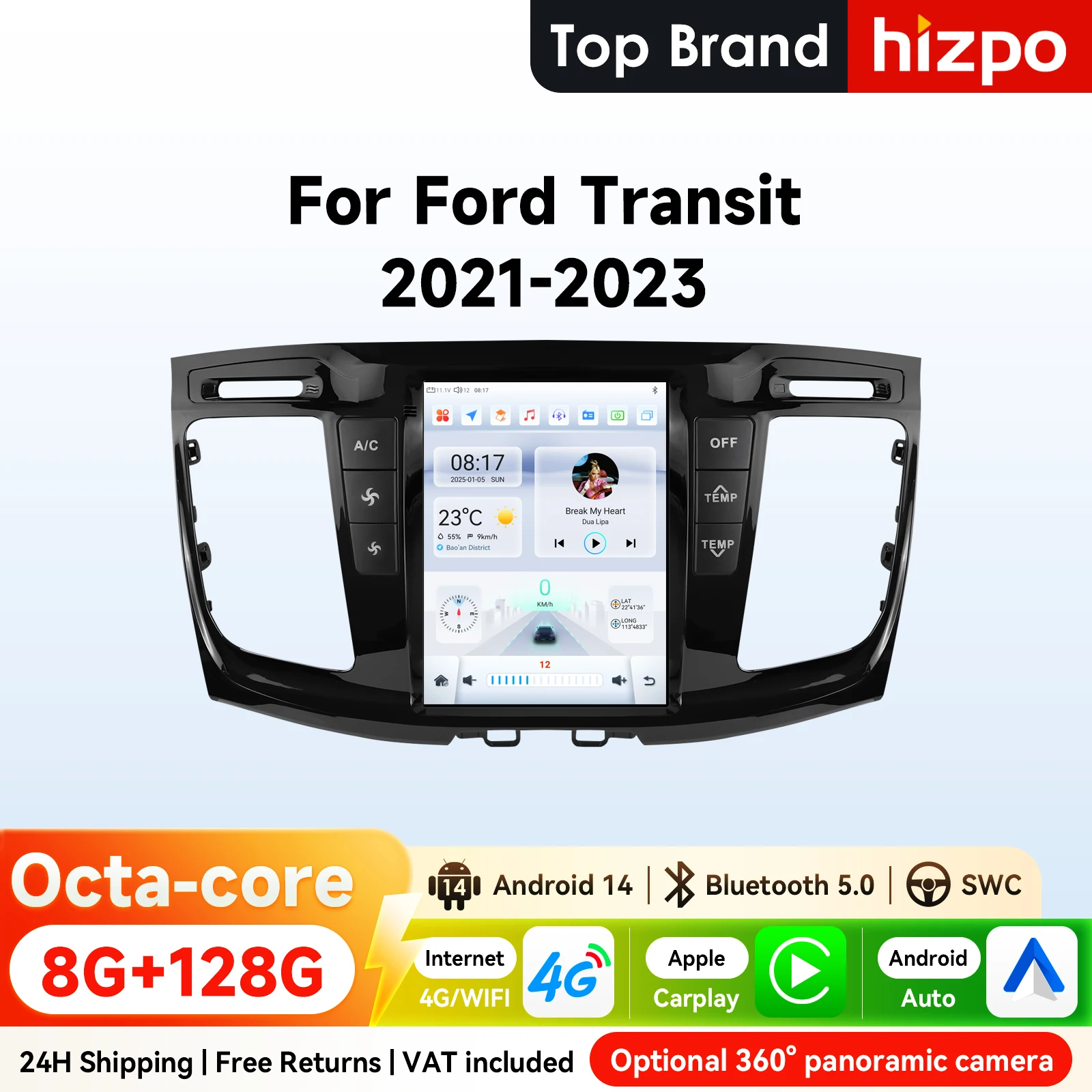 Hizpo Autoradio Android da 9,7 pollici per Ford Transit 2021 - 2023 Schermo stile Tesla 4G BT Auto CarPlay RDS DSP SWC UIS7862 360 ° CAM