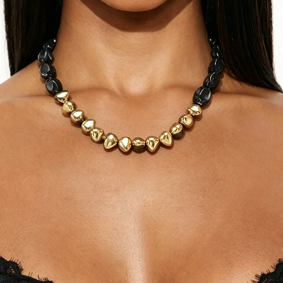 Rich Wine Red Glossy Organic Beads Polished Teardrop Golden Units Chic Statement Neckwear High Contrast Vintage Retro Choker