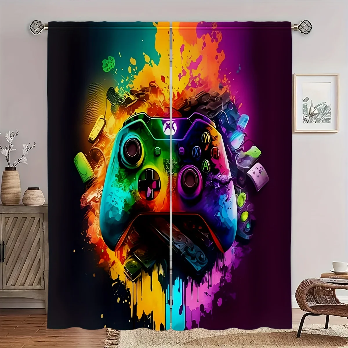 Colorful Game Controller Curtains, Neon Graffiti Joystick Print Drapes, Gamer Room Bedroom Decor for Window Treatment