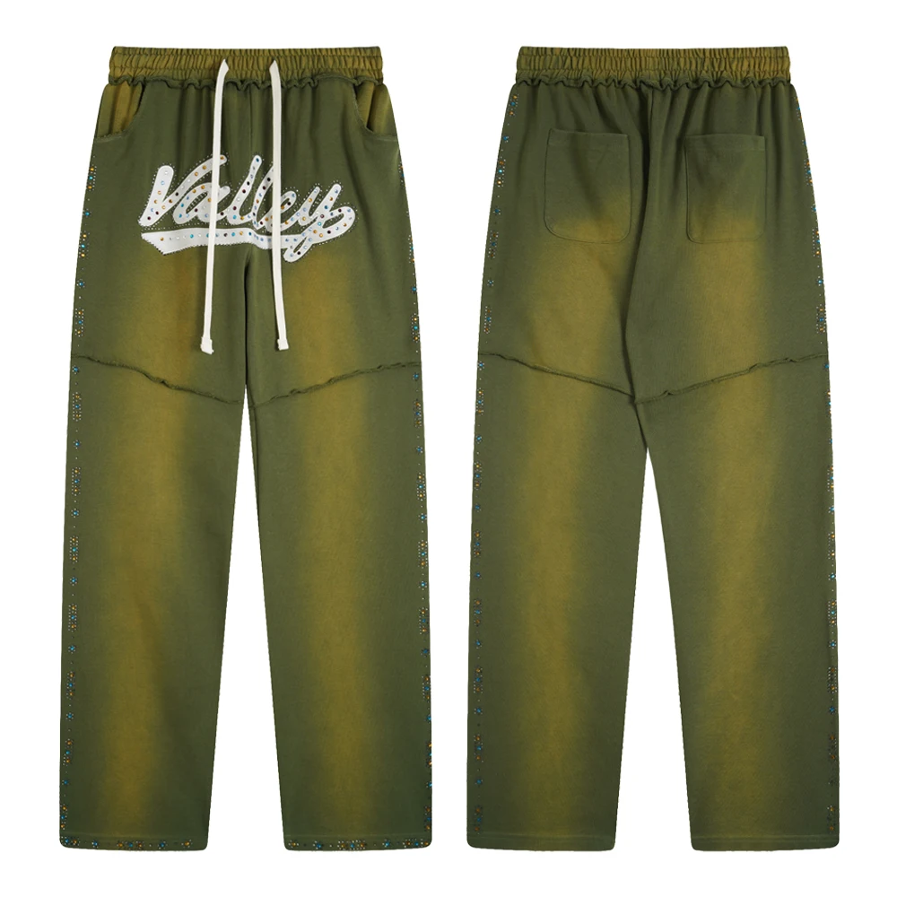 ストリートウェア ルーズパンツ ラインストーン付き メンズ服 ヒップホップ 厚手コットン ストリートスタイル カジュアル ダメージ加工 バギー スウェットパンツ