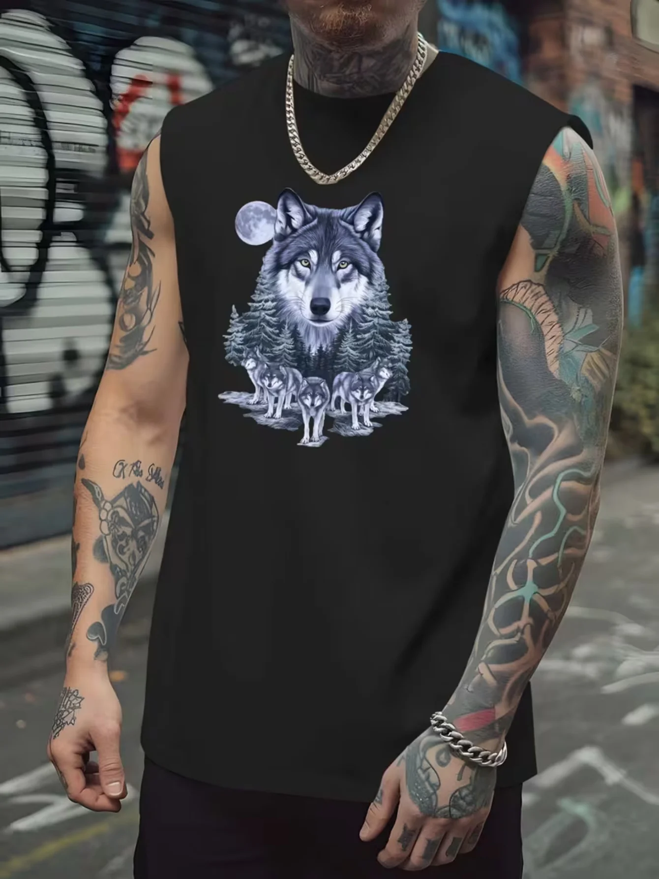 CLOOCL Wilderness Moonlit Night - Pack of Wolves in The Forest Printed Vest Fashion Sports Vests Summer Men's Casual Top