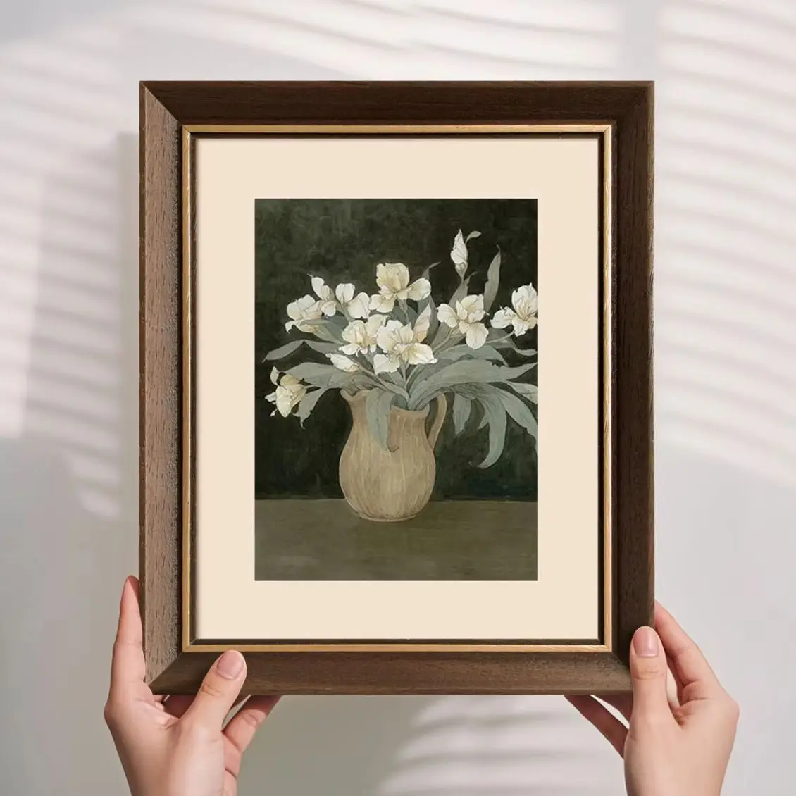 Vintage Walnut Solid Wood Frame with Thin Gold Inner Trim Narrow Bevel Gallery Frame For Wabi-Sabi Home Decor