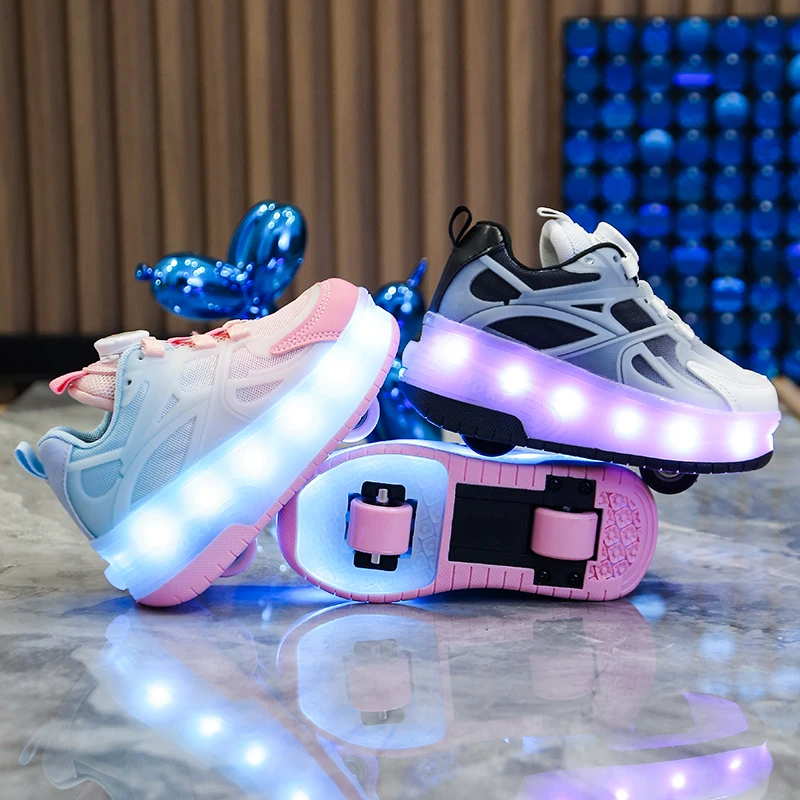 Kid Boys Girls Flashing Roller Skate Shoes Children Fashion LED Light Up Shoes USB Charging Luminous Wheels Sneakers for Street