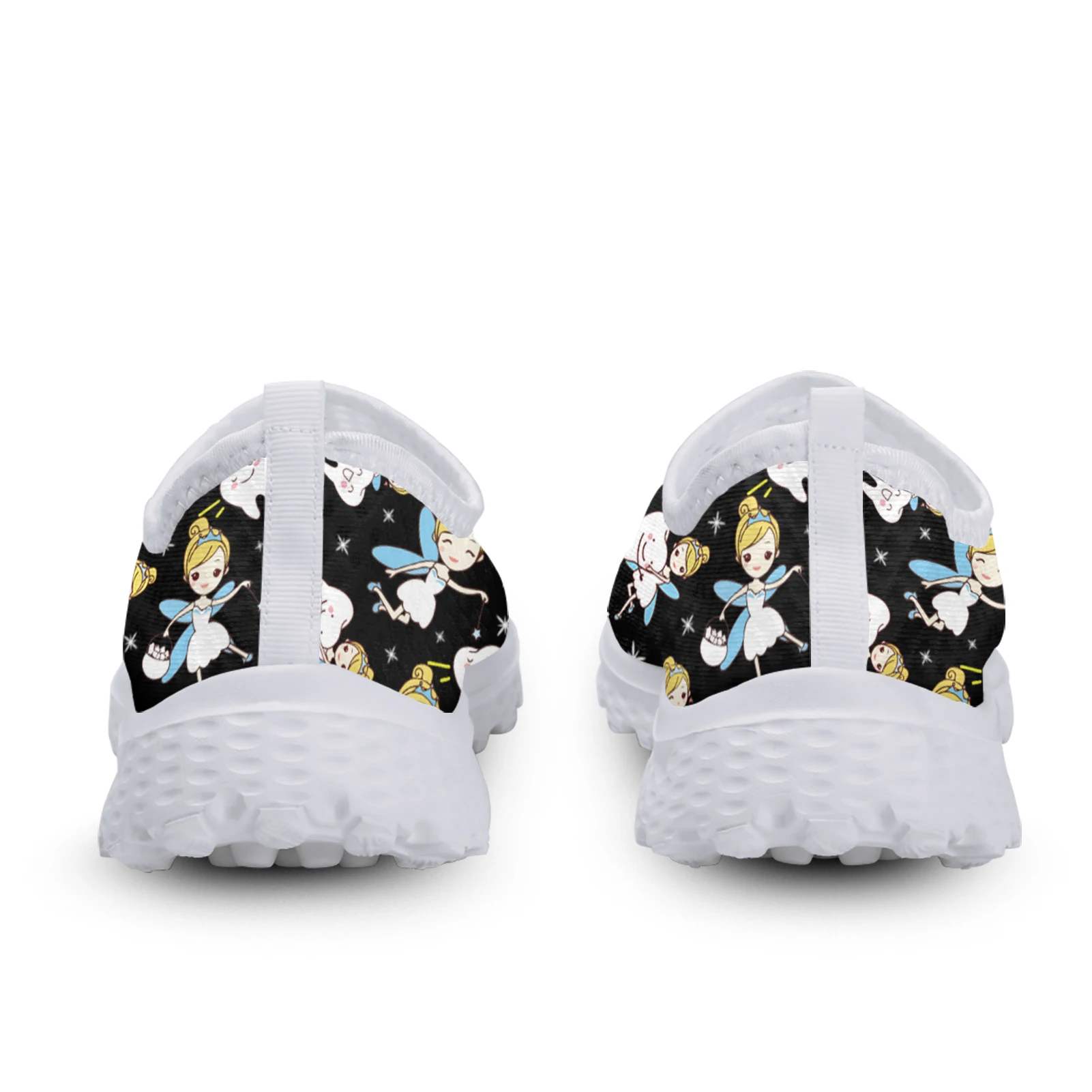 INSTANTARTS Cute Cartoon Nurse Elf/Teeth Print Casual Breathable Summer Shoes Black Mesh Shoes Casual Zapatos Planos De Mujer