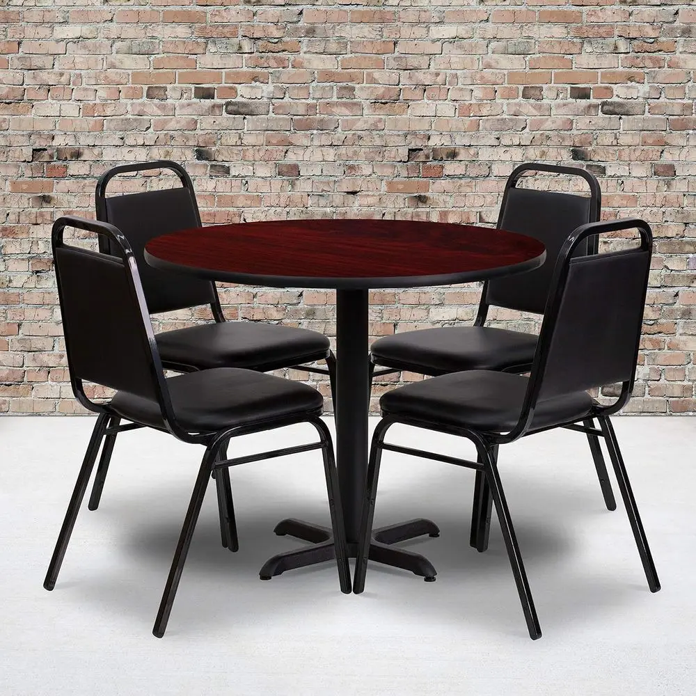 

36 Round Many Laminate Dining Table Set with X-Base and 4 Black Chairs