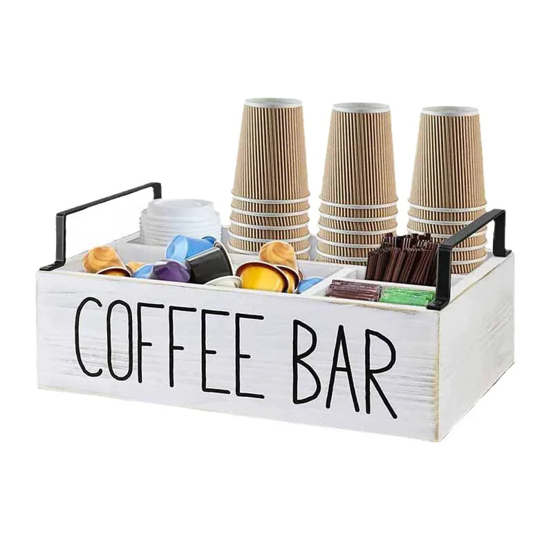 Boîte de rangement en bois, organisateur multi-compartiments pour café, sachets de thé, gobelets en papier, comptoir de bureau, boîte de rangement de cuisine