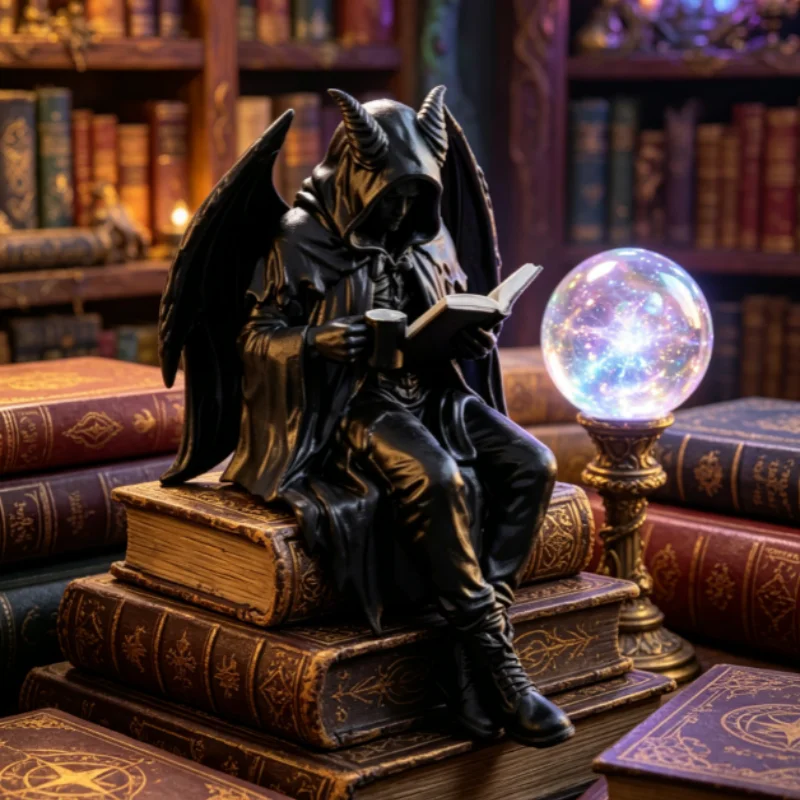Gothic Black Hooded Skull Miniature Figurine Home Desktop Handicrafts Ornaments Reading Book Reaper Ornament Home Decoration