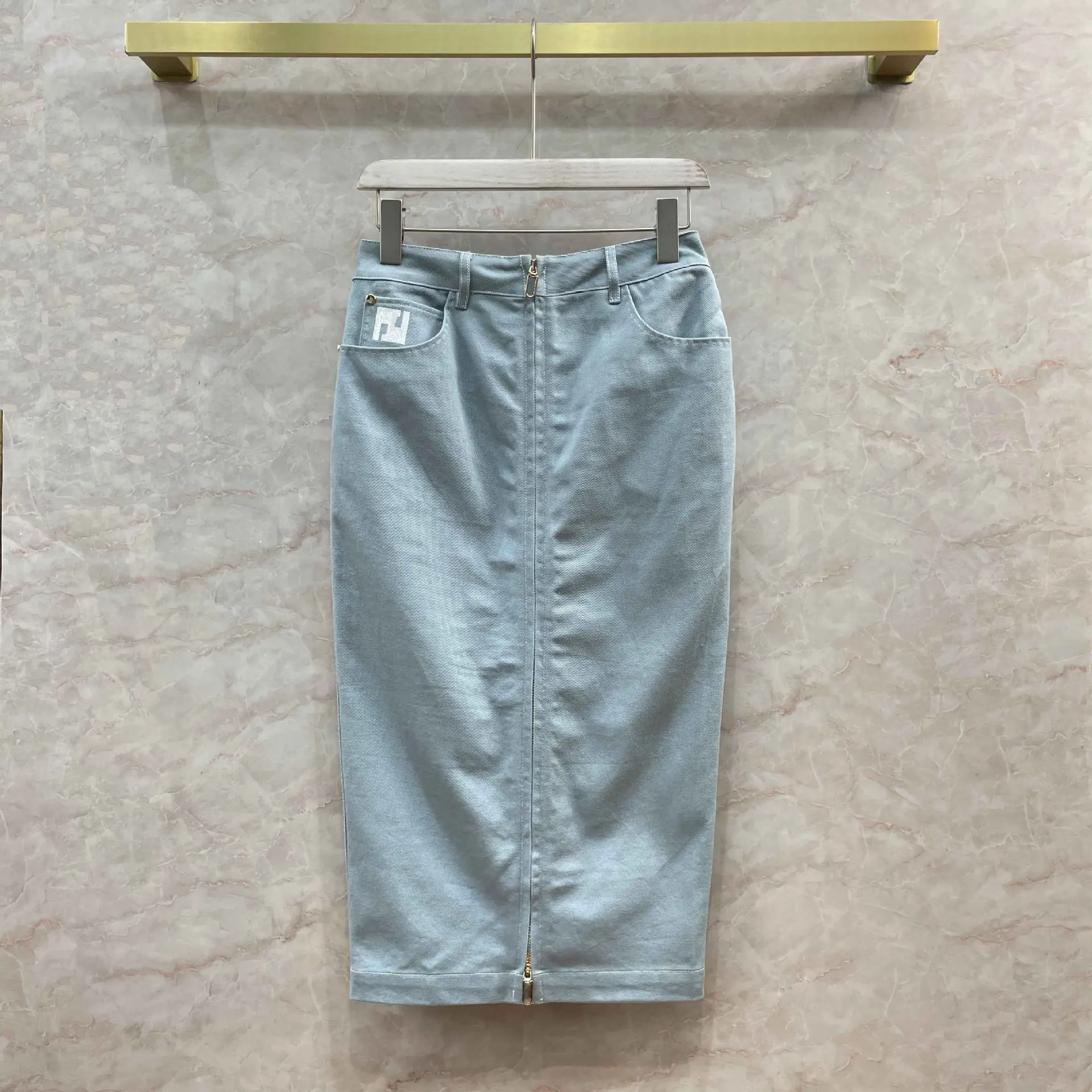 Zipper Hip Denim Long Skirt 24 Spring Summer New Blue Light Color High Waist One-step Skirt