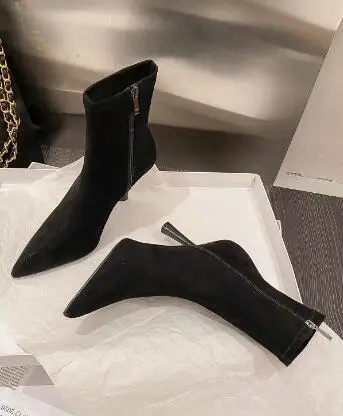 

Drop Shipping Women Black Suede Pointed Toe Solid Zipper Side 8 CM Thin Heels Ankle Boots Autumn High Heel Concise Short Booties
