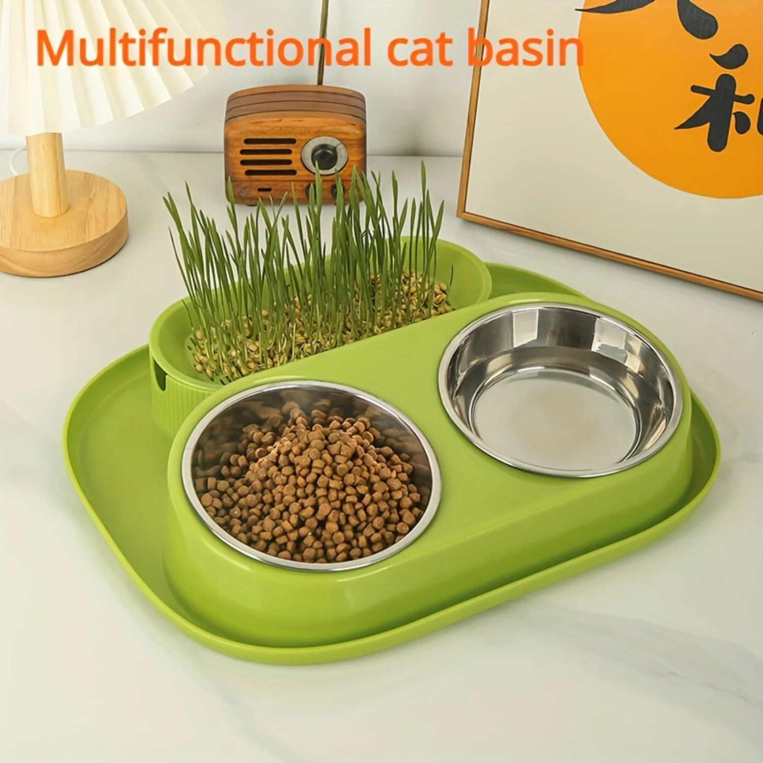 

Capacity Raised Cat Feeding Bowl with Grass Tray - Multifunctional Pet Feeder Dish, Durable Plastic and Stainless Steel , Suitab