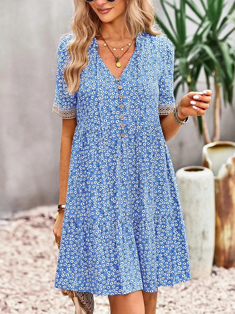 

Summer Floral Viscose Dress for Women 2023 Elegant Boho Short Sleeve Dress with Lining Casual Vacation Beach Home Office Dresses