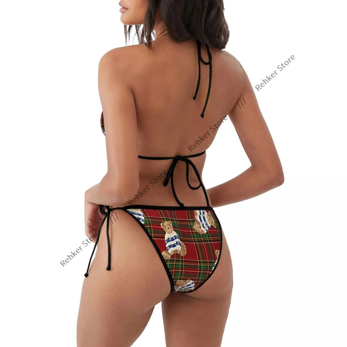 セクシーな Tバックビキニ Mujer 水着女性かわいいクマチェック柄クリスマスプリント夏のビーチウェア