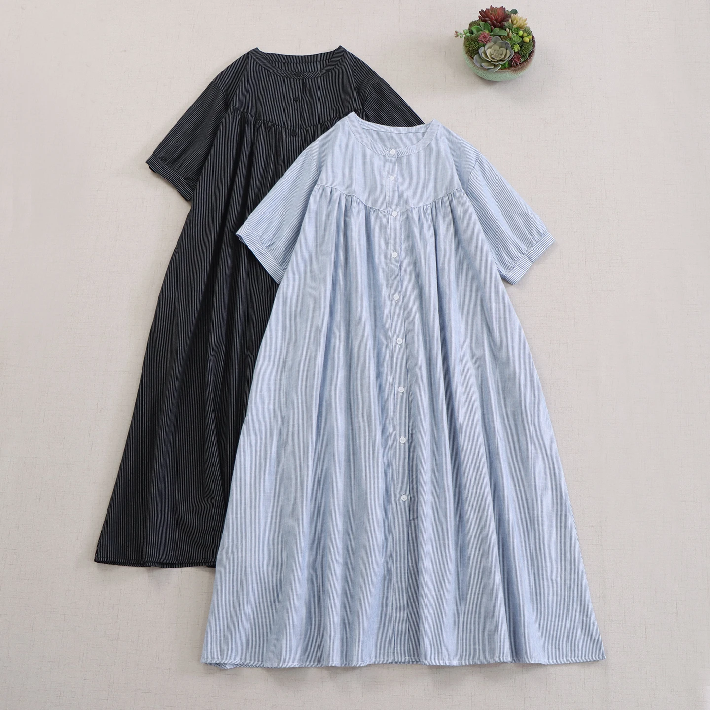 

Japanese Sweet Mori Girl Vintage Striped Single Breasted Shirt Dress Women Summer O-Neck Short Sleeve Casual Loose Midi Dresses