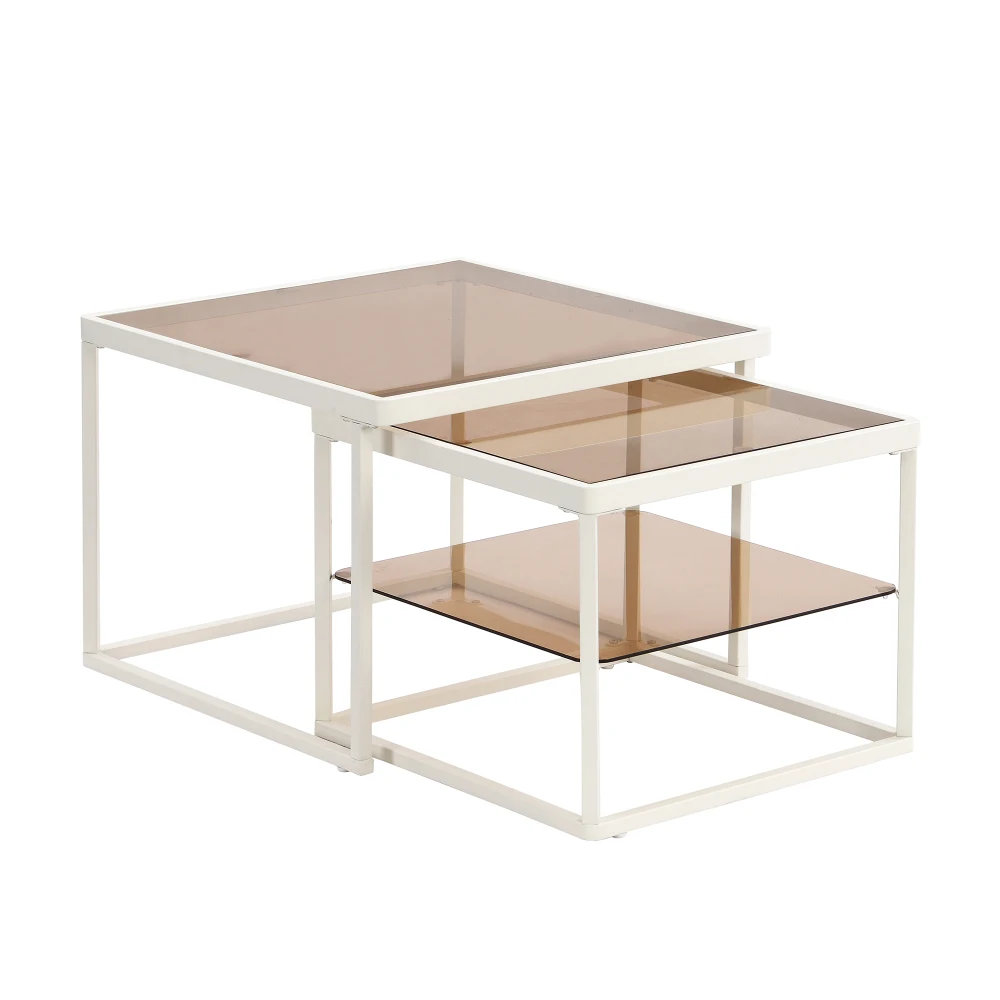 Modern nested coffee table set with a combination of high and low,Brown tempered glass cocktail table with metal frame