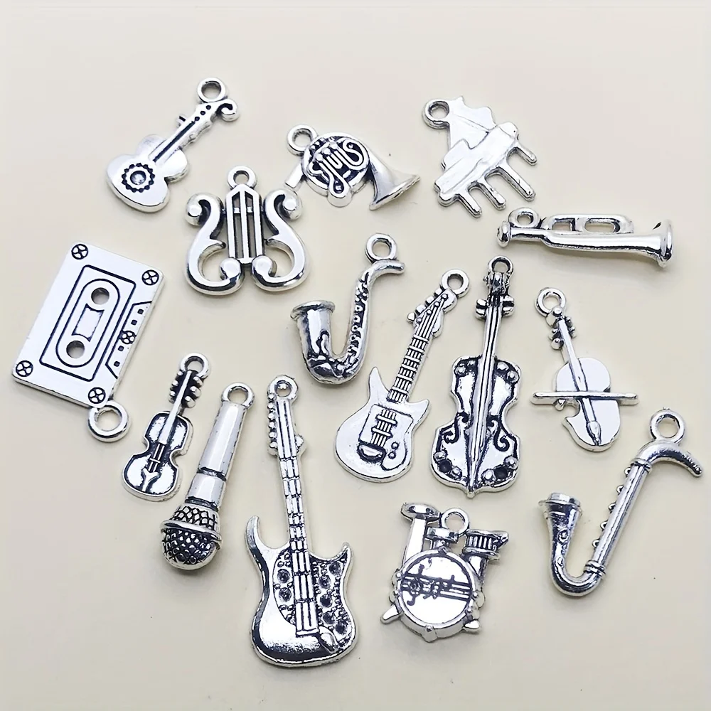 Mix 15pcs Antique Silvery Musical Instrument Charms Pendant For Jewelry Making Guitar Piano Violin Music Charms Finding Crafting