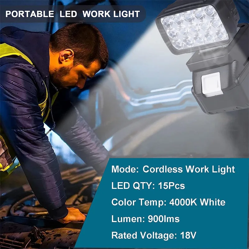 900LM Mini Cordless LED Work Light for Makita 18V Lithium Battery Portable Rechargeable Outdoor Jobsite Flashlight Camping Light