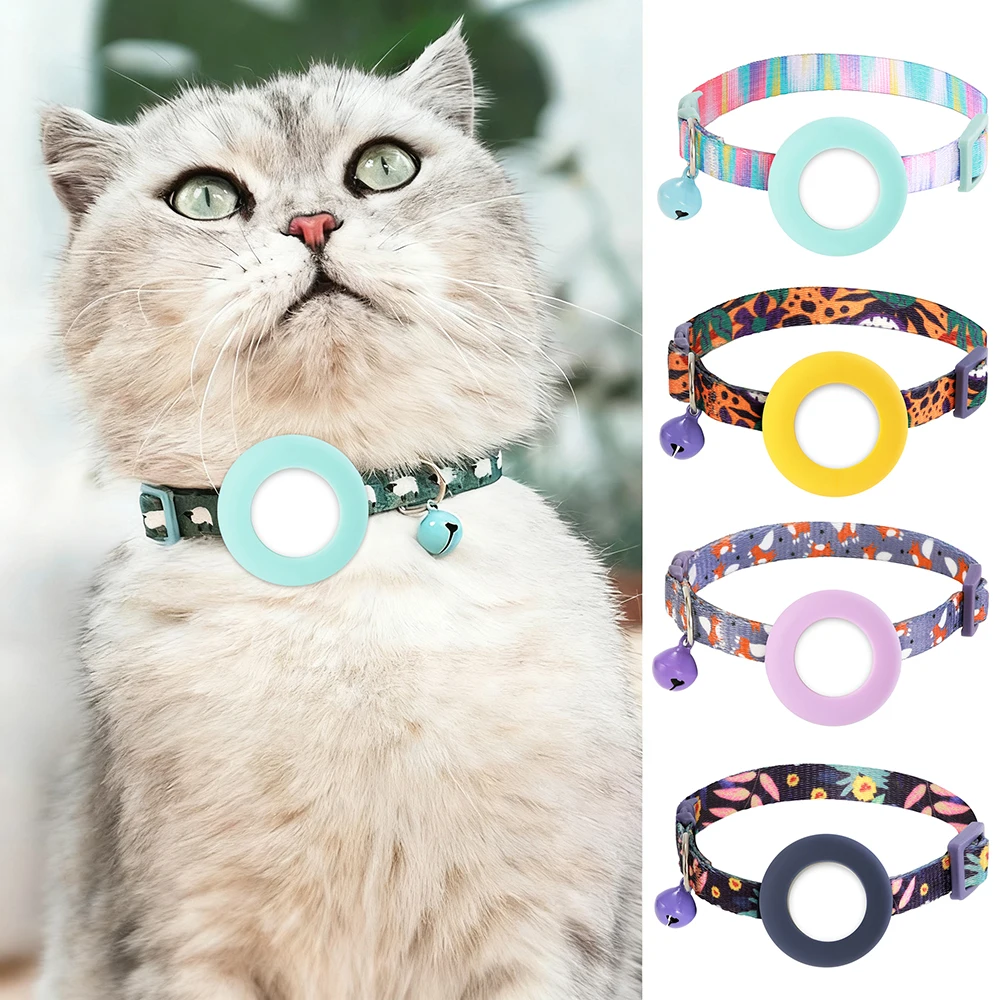 AirTag-Halsband für Haustiere mit Glocke, Anti-Verlust-Halsband für Katzen/kleine Hunde, leichtes, bedrucktes, verstellbares Haustierhalsband aus Polyester