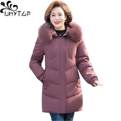 UHYTGF Winter Coat Womens Medium Length Down Cotton Casual Warm Parkas Jackets Female Fur Collar Hooded Windproof Outerwear 2263