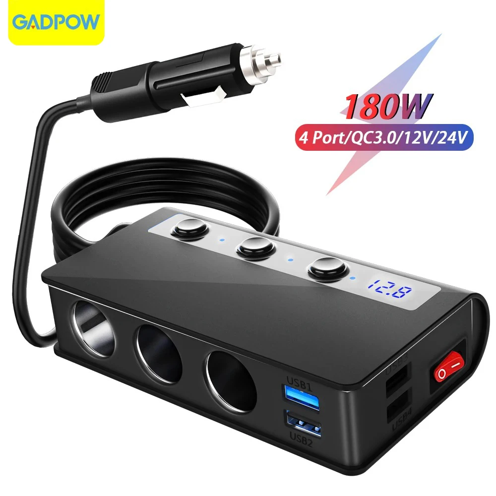 Gadpow 180W Car Charger Cigarette Lighter Splitter Quick Charge 3.0 Adapter 12V/24V 4 Port USB Charging Socket For Phone IPad