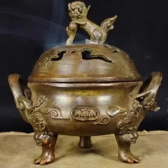 4'' Marked Chinese Bronze Dragon Beast Foo Dog Statue Incense Burner Censer