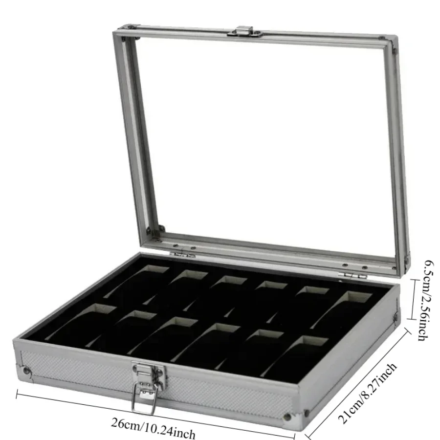 صندوق ساعات ألومنيوم فاخر 12/6 فتحات شبكية ساعات مجوهرات عرض صندوق تخزين حافظة مربعة من جلد الغزال داخل حامل ساعة مستطيل