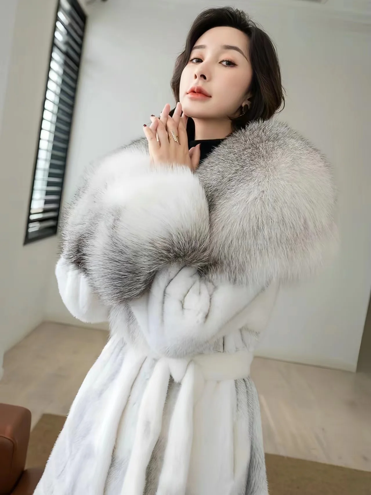 Adjustable Waist Faux Fur Coat for Women, Long Jacket, Fox Fur Collar, Thick Warm Clothes,England Style,Autumn and Winter, 2024