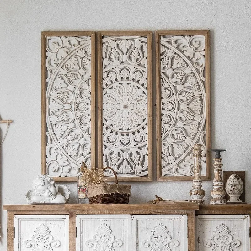 Wabi-sabi retro old carving hollow wall decoration living room tea room triptych decorative painting B & B hotel wooden wall han