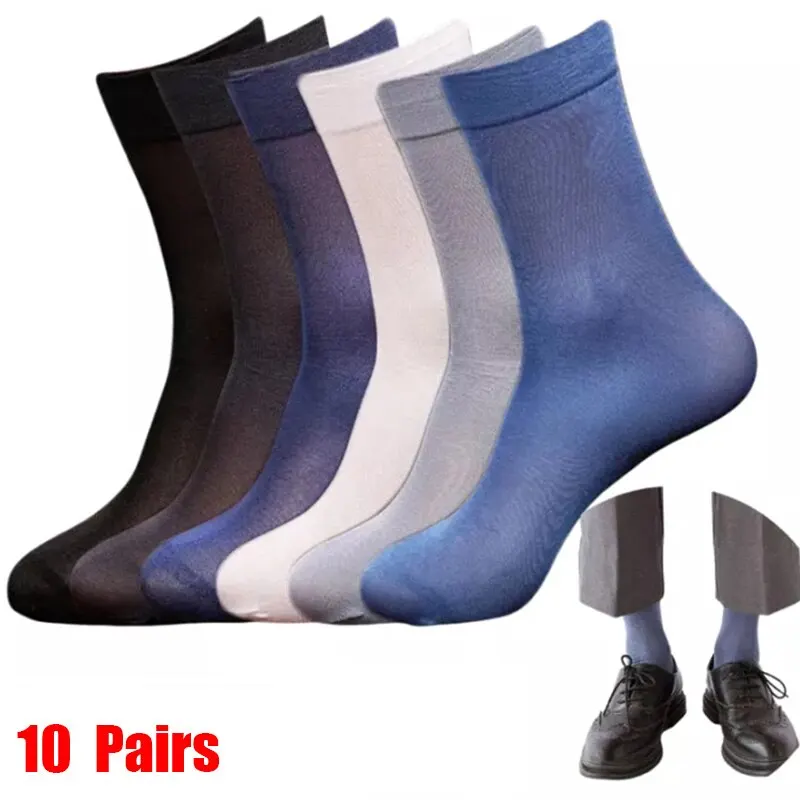 New 2024 10 Pairs Summer Men Anti Slip Absorbent Soft Thin Breathable Socks Transparent Fashion Silk Stockings