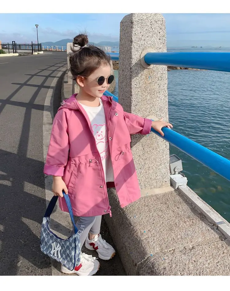 Spring Autumn Girls Coat Long Style Adjustable Waist Design Hooded Sweatshirt For Kdis Children Outdoor Windbreaker Outerwear