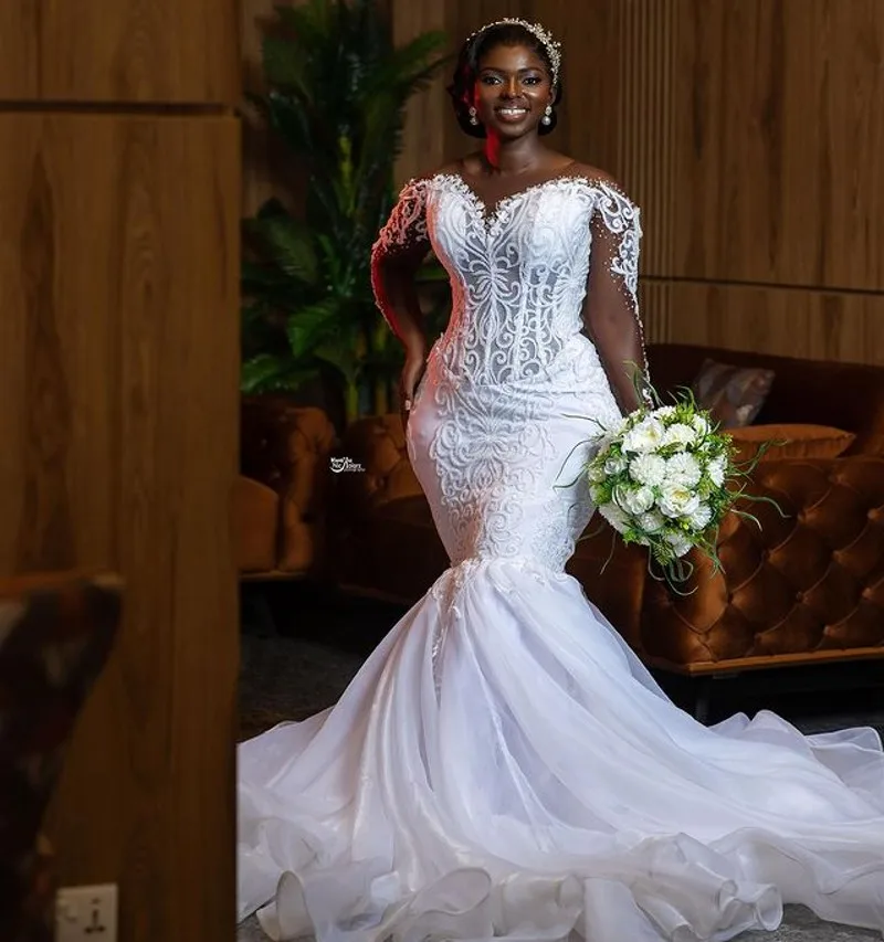 

Sexy Mermaid Wedding Bridal Dresses 2025 Lace Appliques Beaded Sheer Neck Long Sleeves Organza Bride Gowns Vestidos De Novia