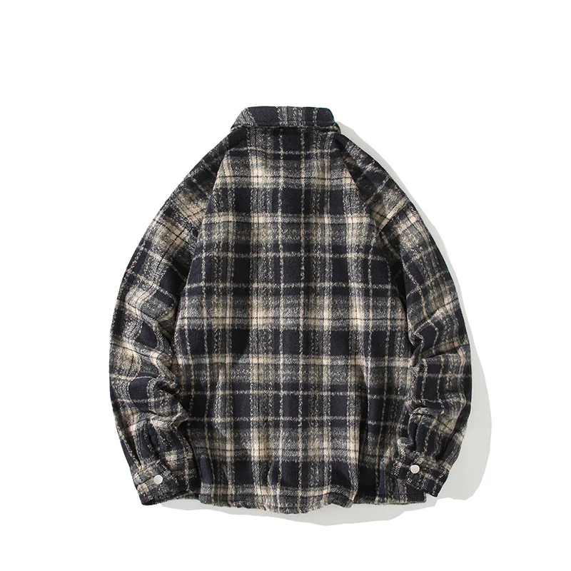 Autumn and Winter New American Vintage Men\'s Wool Shirt Long Sleeve Loose Plaid Shirt Jacket Couple Coat