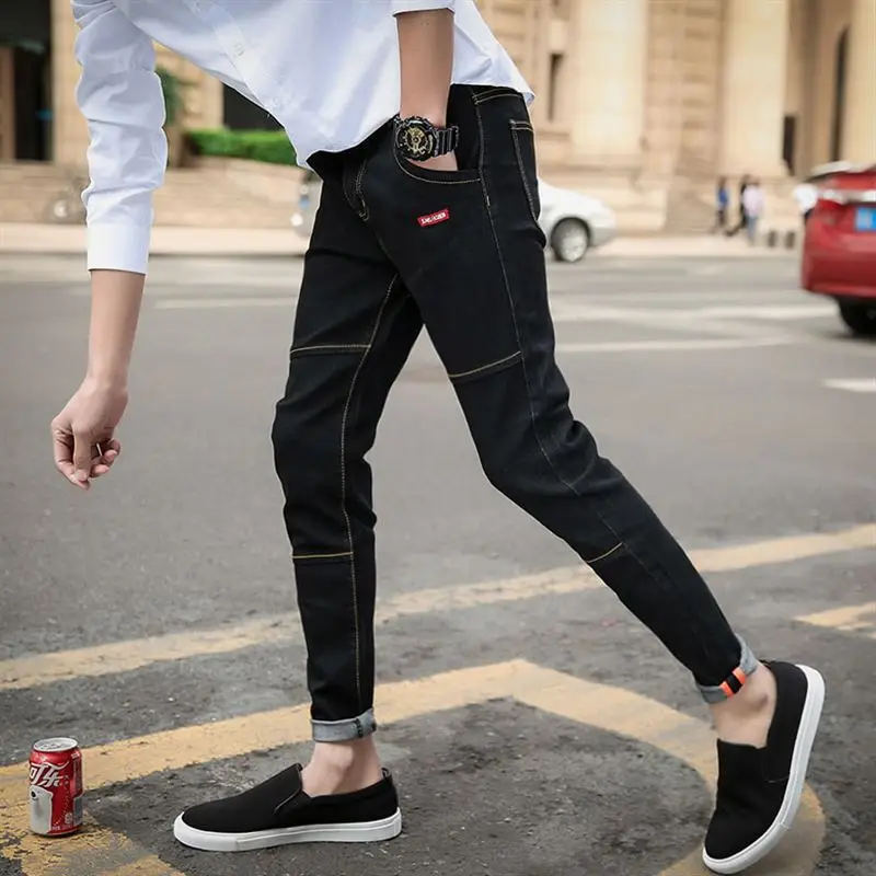 

Elastic Slim Fit Jeans Men's Korean Sle Trendy Teenage Students Versatile Casual Nine Point Pants Slimming Effect