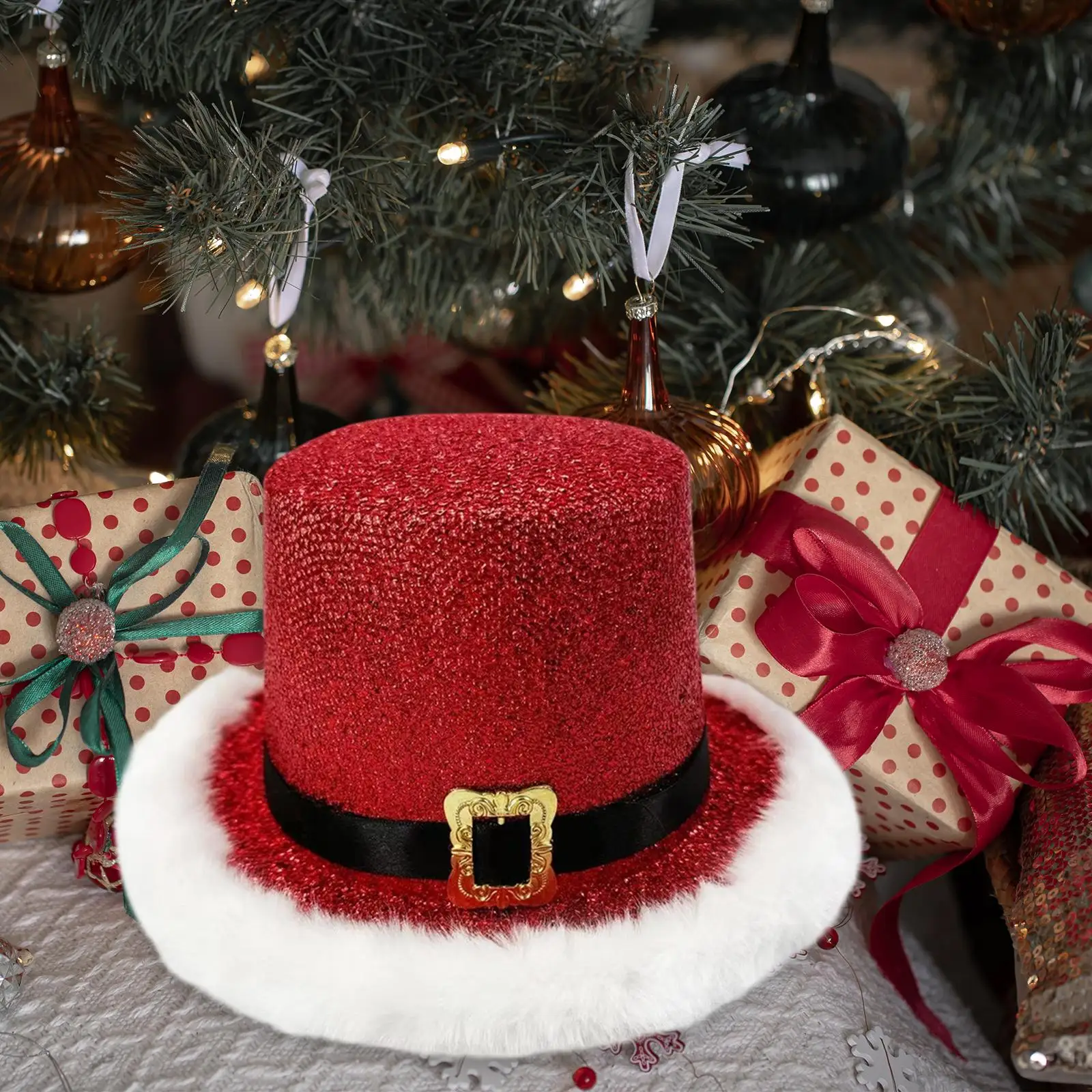 クリスマスシルクハット ブラックバンド装飾付き 男女兼用 サンタ帽子 クリスマスコスチューム ヘッドウェア クリスマス帽子 ホリデードレスアップ用