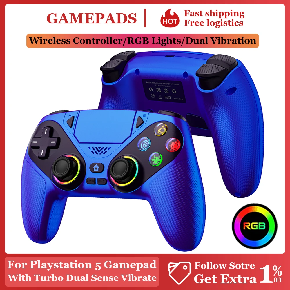

Беспроводной геймпад для Playstation 5/PS5 Pro/Slim/PC с RGB-подсветкой, двойной вибрацией, функциями Marco/Turbo и программированием