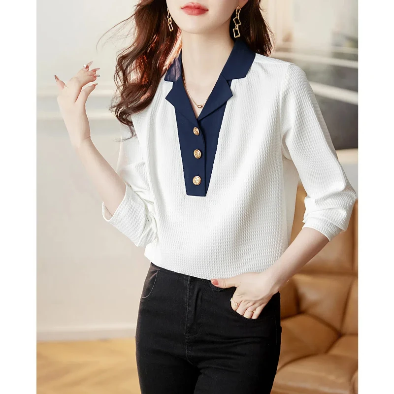 Women\'s 2024 Autumn New Patchwork V-neck Button Screw Thread Fashion Solid Casual Versatile Long Sleeved Fake Two-piece Tops