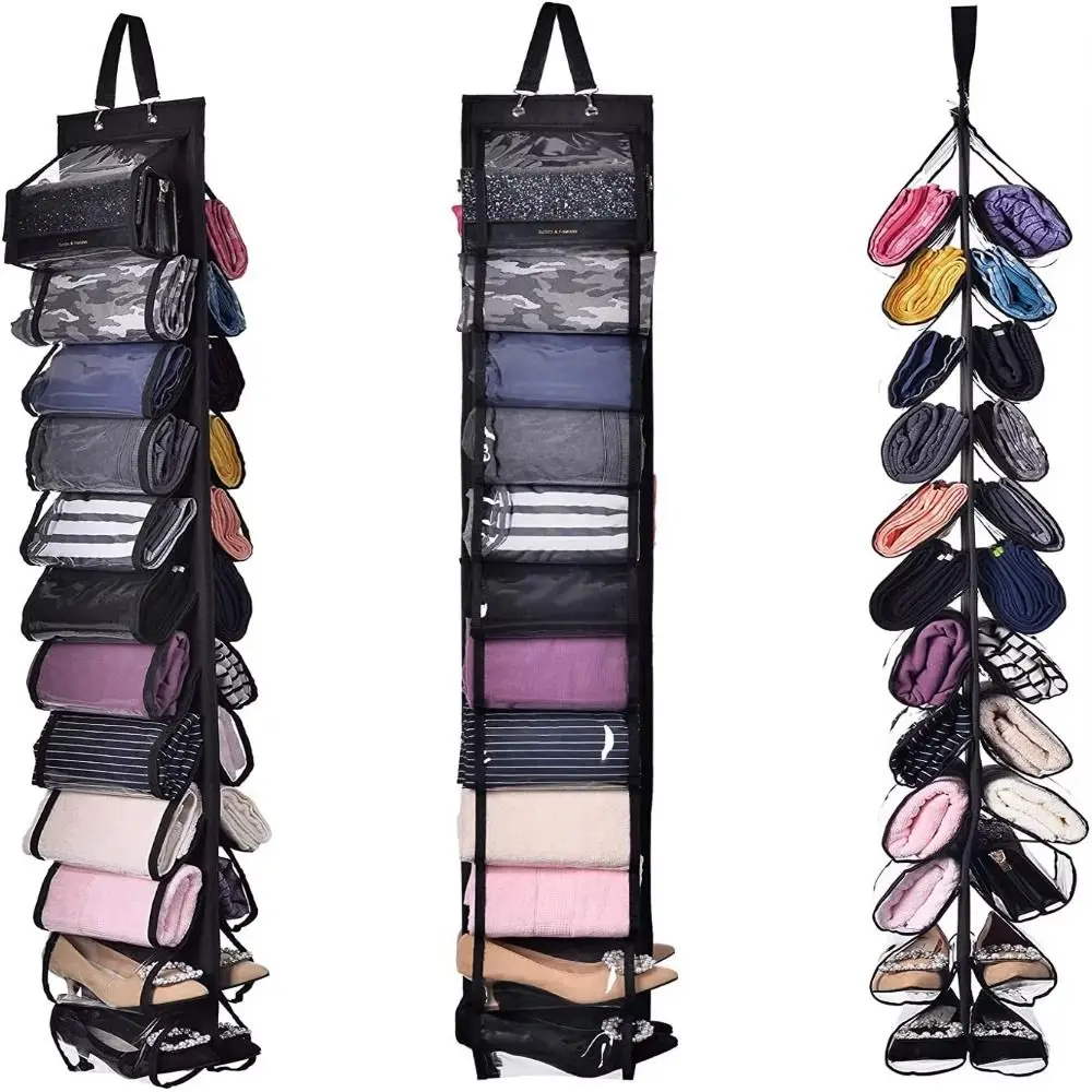 

24 Pockets Clothes Closets Roll Holder Transparent Double-sided Hanging Closet Organizer Metal Hooks Large Capacity
