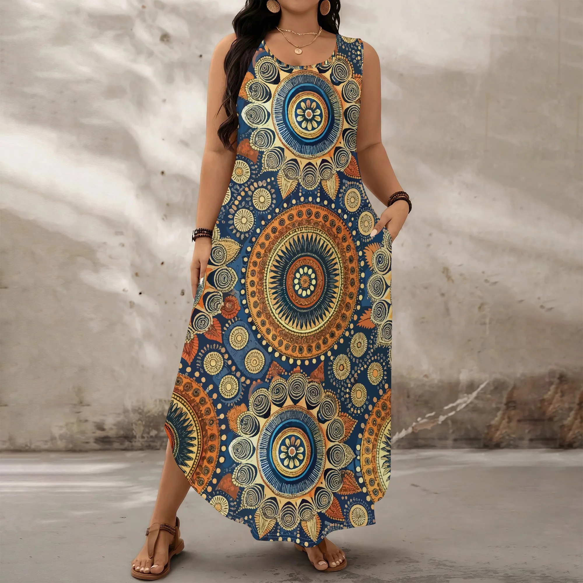 Women's Plus Size Sleeveless Maxi Dress, Boho Mandala Print Casual Summer Dress with Pockets, XL-6XL