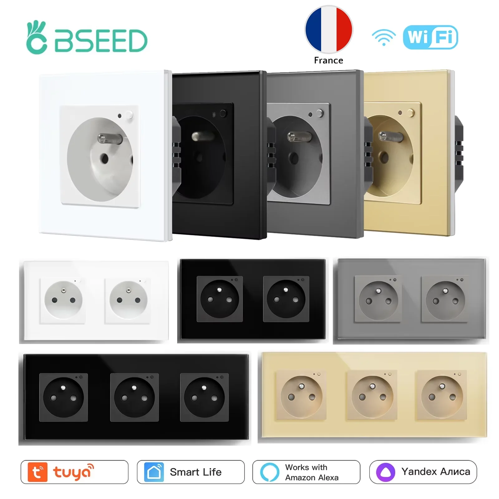

BSEED Одиночная французская розетка Wi-Fi с двойным монитором мощности, настенные розетки, тройные умные розетки, стеклянная рамка, Tuya Smart Life Control