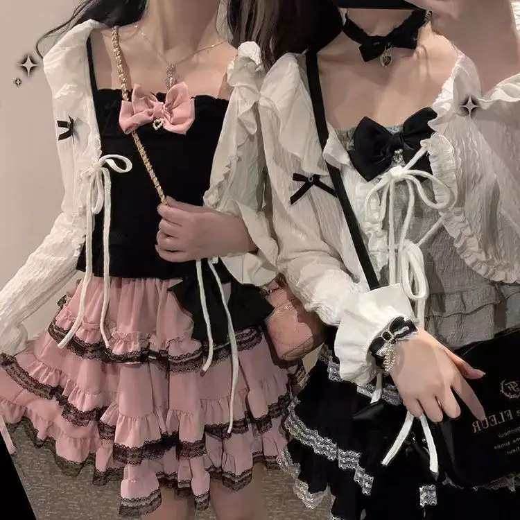 봄 여름 신상 하이웨이스트 미니 케이크 여성 스커트 일본 로리타 레이스 러플 엣지 멀티레이어 Y2K 스커트 페어리코어 카와이 스커트