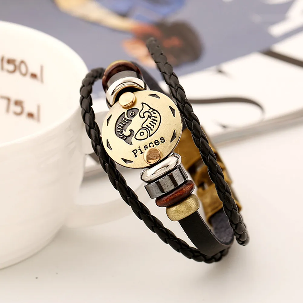 Retro Men Bracelet 12 Design Pisces Zodiac Alloy Accented Wrap Style Smooth Surface Buckle Closure Stylish