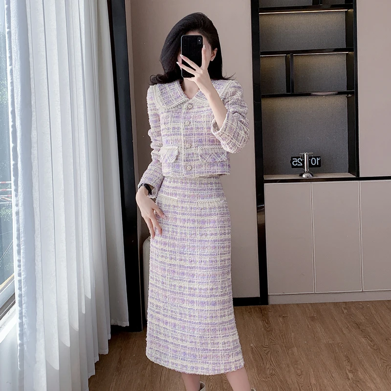 Autumn Winter Women Elegant Purple Plaid Tweed Skirt Sets High Quality Beading Short Jacket And High Waist Skirt Two Piece Set