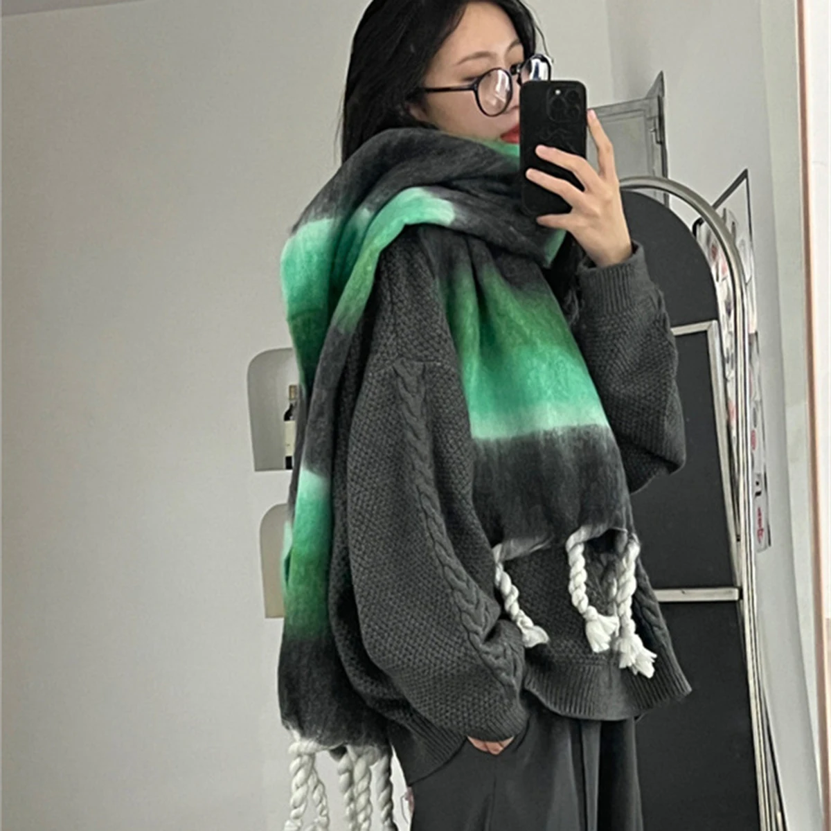 Splicing Stripe Imitation Cashmere Scarf Women Winter Warm Shawl Fashion Wraps With Tassel Thick Neckerchief 200*46cm