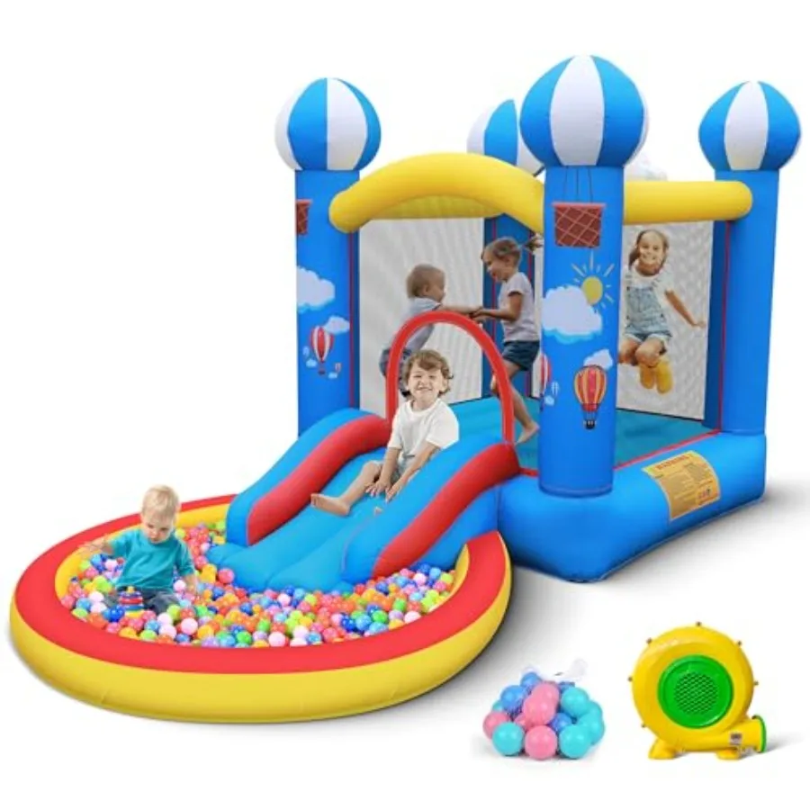 

Надувной батут: 4-в-1 надувной замок с бассейном с шариками и горкой для детей 3-6 лет, с вентилятором 370 Вт и сумкой для хранения