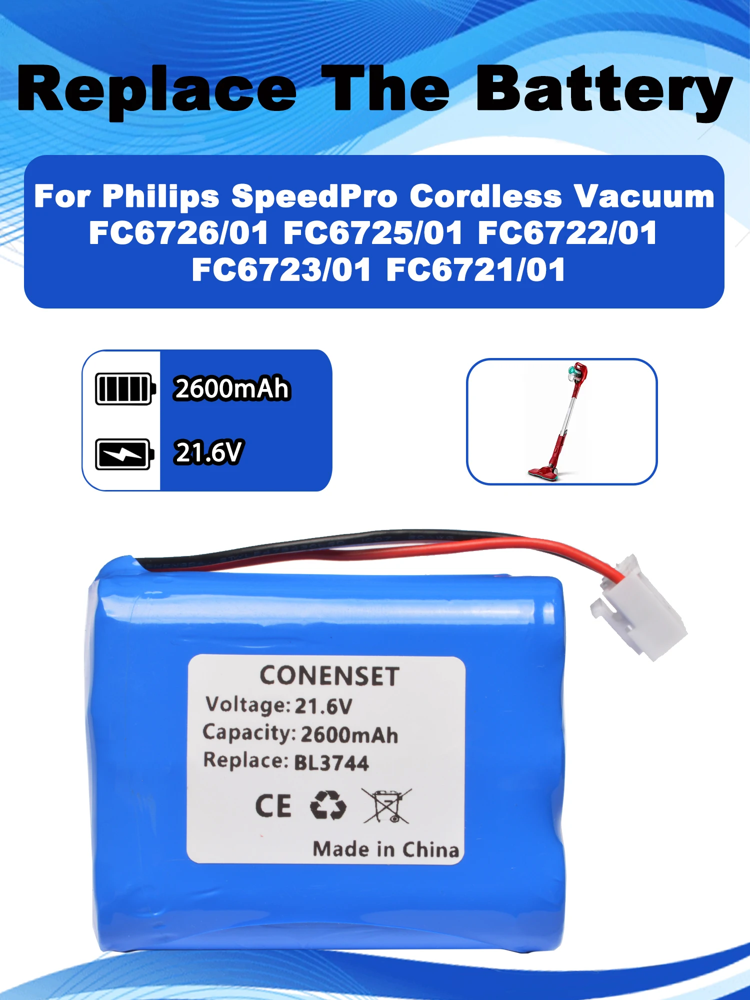 21.6V 2600mAh BL7734 Replacement Battery For Philips SpeedPro Cordless Vacuum FC6726/01 FC6725/01 FC6722/01 FC6723/01 FC6721/01
