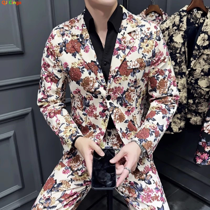 White Mens Printed Suit Two Piece,Single Button V Collar Cotton Jacket With Trousers,Asian Size M-5XL,Suitable For All Seasons