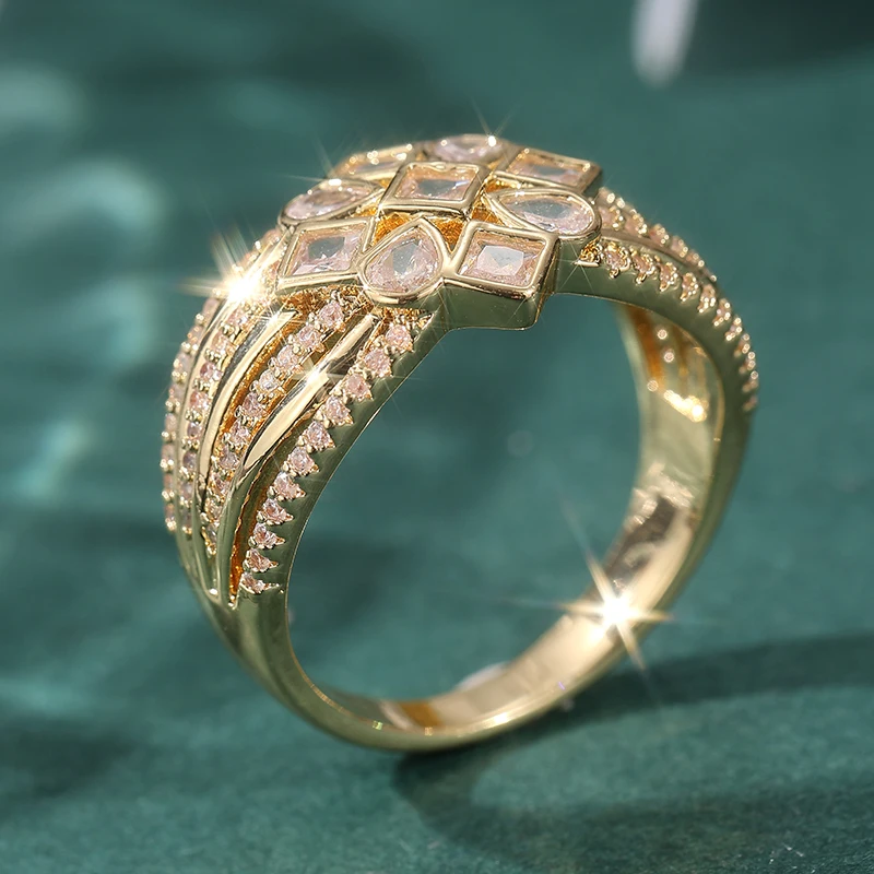 Eleganter Eingelegter Weißer CZ Damenring Vintage Goldfarben Geometrisch Tägliches Tragen Party-Schmuck Jubiläumsgeschenk – Detail 1