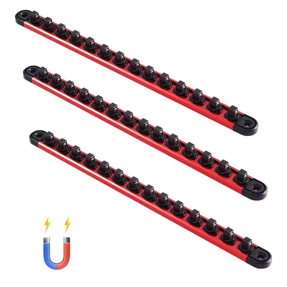 3PCS Magnetic Socket Organizer Rail Set Metric & SAE Aluminum Socket Holder 3/8'' 1/2'' with 360° Clips for Tool Box