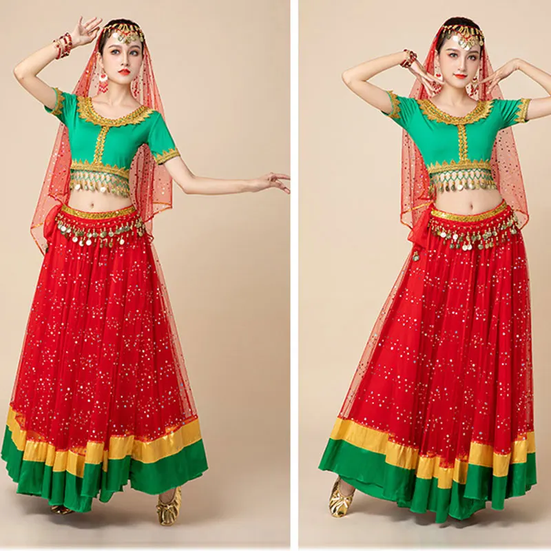 Women Bollywood Belly Dance Costume Set Ladies Shiny Tops Skirt Waist Belt Dancing Outfit Stage Performance Carnival Clothes Set