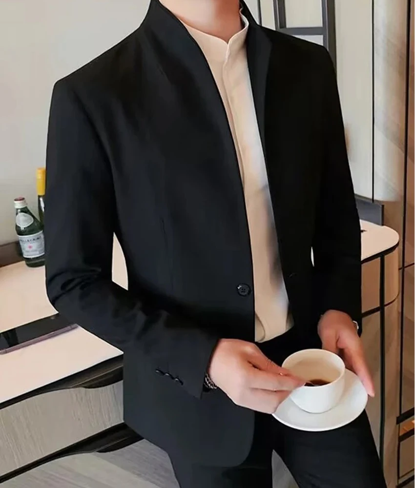 

Men's Formal 2-Piece Suit Set with Stand Collar Detail Single Button Slim Fit Wedding Prom Party Stage Wear with Blazer Pants