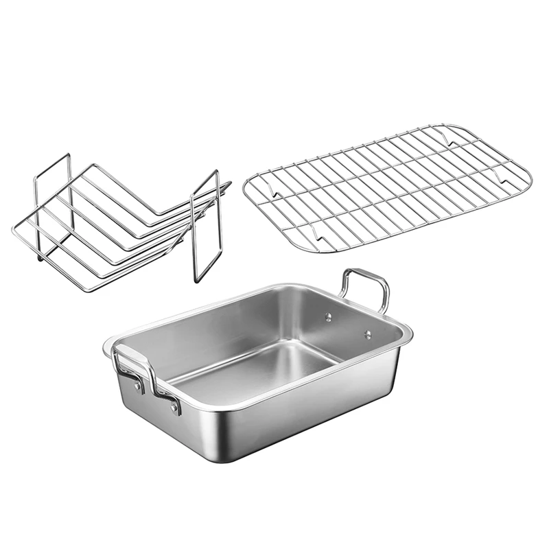 

Stainless Steel Barbecue Baking Tray Grid Multifunction Removable Cooling Rack Tray Set Cake Baking Turkey Roaster Pans Durable